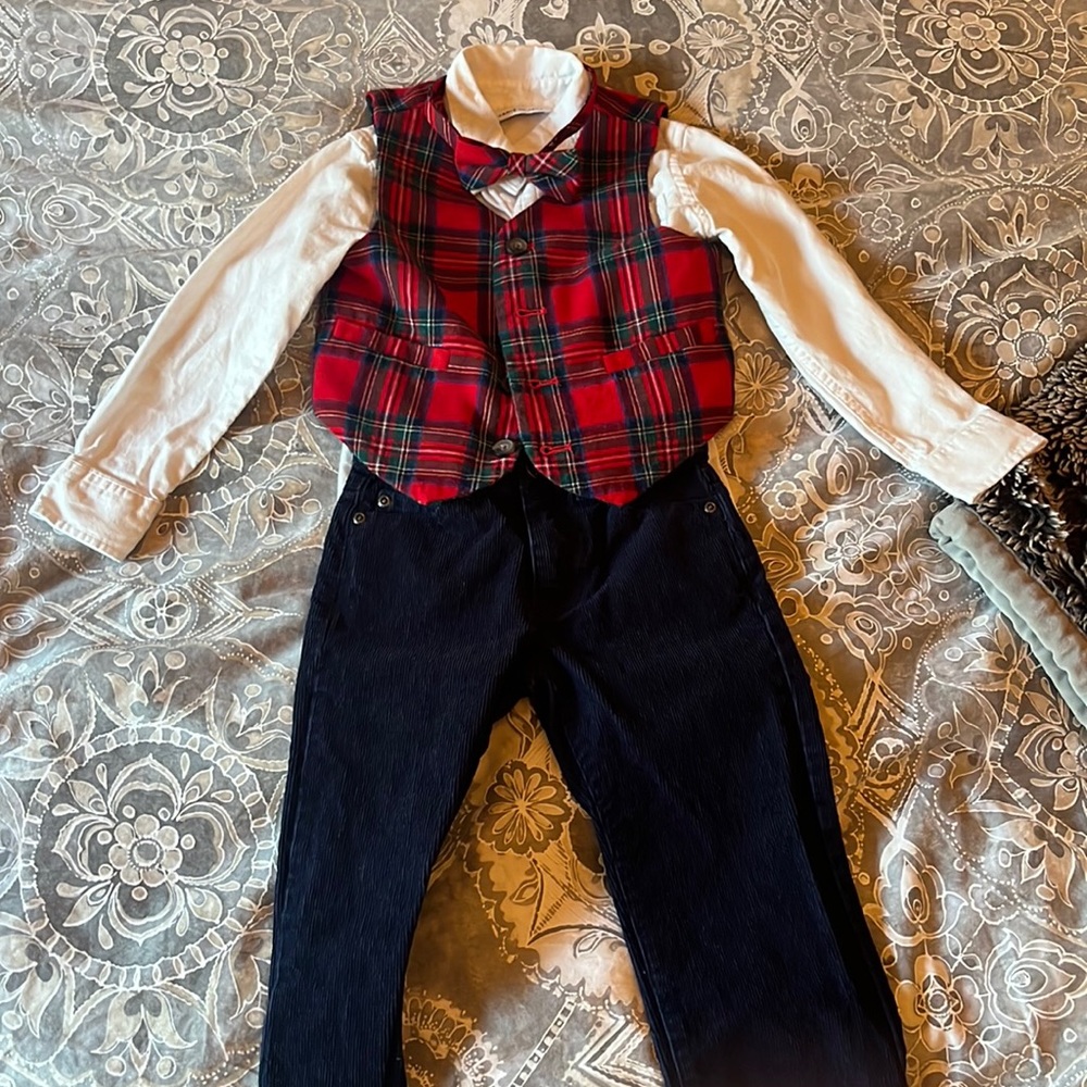 Janie and Jack Red Plaid Vest & Bowtie Set with White Shirt and Navy Pants
